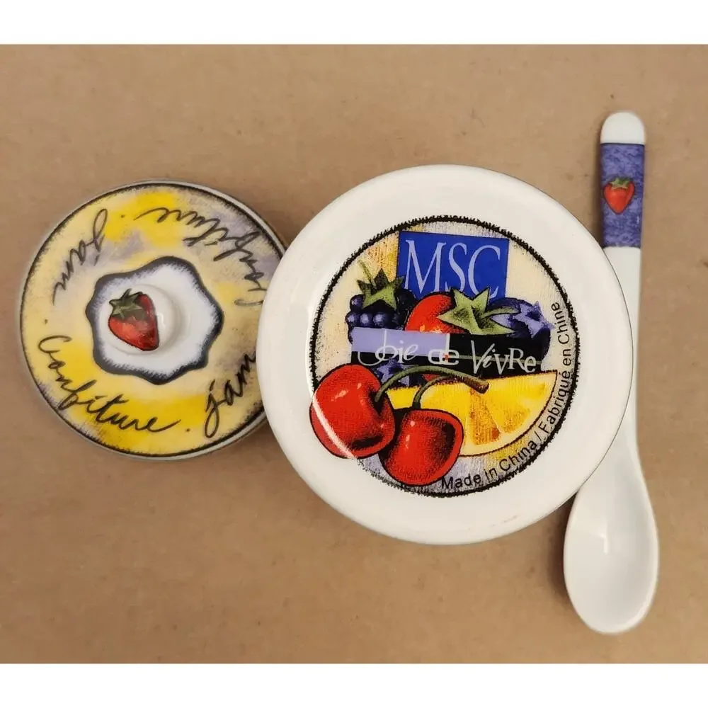 MSC Joie de Vivre Ceramic Jam Jar with Lid & Spoon | Fruit Pattern Confiture Pot
